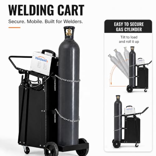 Image of Welding Cart, 2-Tier Heavy Duty Welder Cart with 2 Drawers & Lockable Cabinet, 350LBS Load Capacity, Dual Cylinder Slots & Safety Chains, 360 Swivel Wheels for MIG Welder & Plasma Cutter