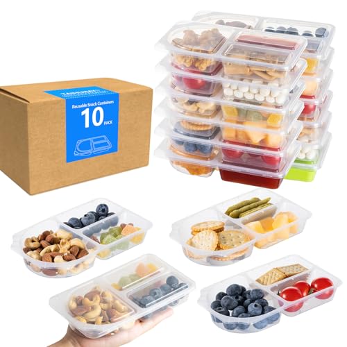 TAIHUIMY 9oz Reusable Snack Containers with Lids for Kid, New 3 Compartment Large Capacity Condiment Portion Control Meal Prep Containers for School lunch, Go out Travel, Party (10, 9, ounces)