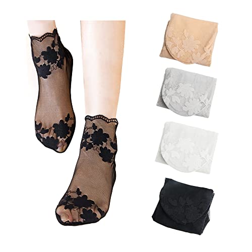 Acxico womens 4Pcs Leaves Lace Invisible Thin Boat Hollow Non-slip Shallow Socks, Black, moderate