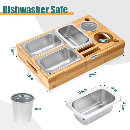 Puosike Couchbar Snackbox, Couch Bar Organizer Tablett, Holz Sofatablett mit Getränkehalter, Snackspender mit 3X Snackschalen, 2X Tasse- Geschenke für Männer Frauen