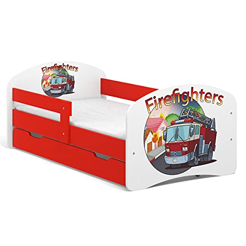 FURNEA | Fairy Tale Kinderbett Jugendbett B02 160x80 mit Schuhblade (Bettkasten), Motiv/Grafik, Lattenrost, Matratze und Rausfallschutz | Weiß + Rot | Motiv: 58. Feuerwehr Cover