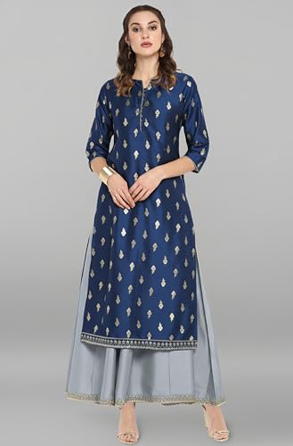 Image of Janasya Womens Silk Blend Gold Printed Layered Ethnic Dress with Inner