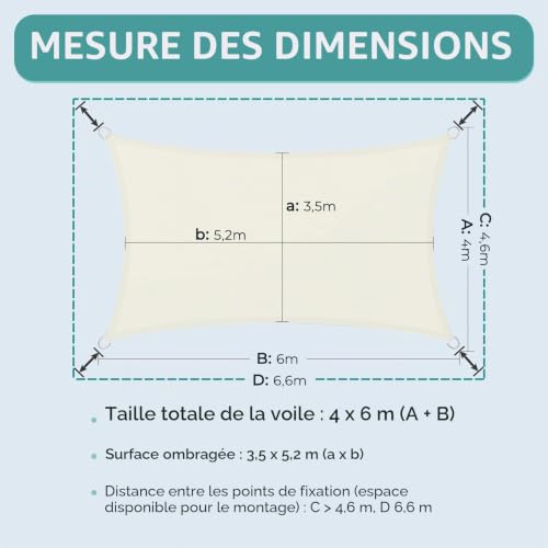 Voile d'ombrage rectangulaire 4x6m toile imperméable pour terrasse - 6