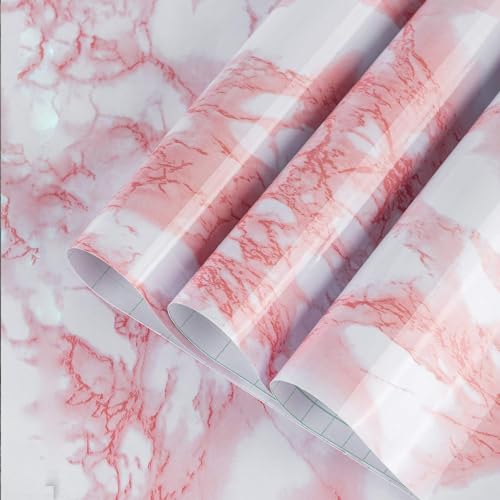 Image of Extra Wide Marble Contact Paper Granite Peel and Stick Wallpaper Pink Glossy 31.5x354 inch Countertop Contact Paper for Kitchen Bathroom Self-adhesive Waterproof Decorative Film Marble Vinyl Wrap