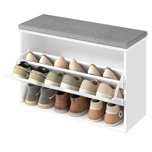 VASAGLE Banco Zapatero Acolchado, Mueble de Recibidor de 3 Niveles para 9 Pares de Zapatos, Cajón Abatible, 30 x 80 x 53,5 cm, para Entrada, Dormitorio, Blanco Nube y Gris Paloma LSB122WB01