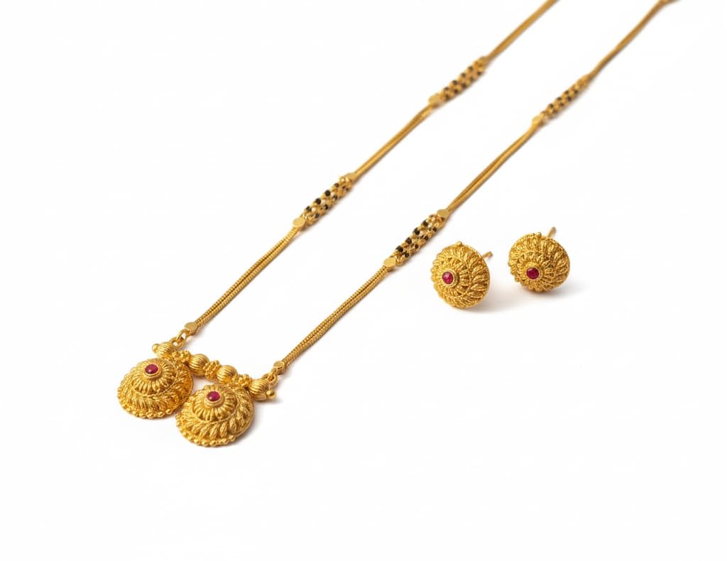 Traditional Maharashtrian Long Mangalsutra with Floral Vati Pendant & Matching Stud Earrings | Antique Gold Plated Chain Jewelry for Women & Girl | Dawali Mangalsutra
