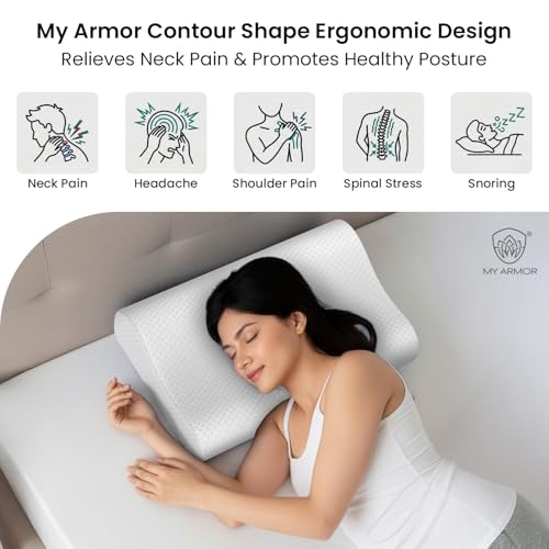Image of MYARMOR Cervical Pillow for Neck Pain | Contour Design for Neck & Shoulder Pain Relief | Dual Height Ergonomic Support | 18 x 11 x 3.5 Inch | 2 Years Warranty | White Bamboo Cover - Pack of 1