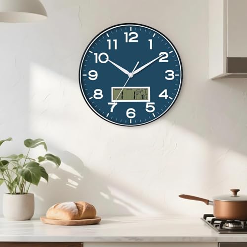 Image of AKCISOT Wall Clock 12 Inch, Non-Ticking Silent Battery Operated Analog with LCD Display for Perpetual Calendar and Temperature, Ideal Modern Decor for Home, Bedroom, Kitchen, Office (Blue)