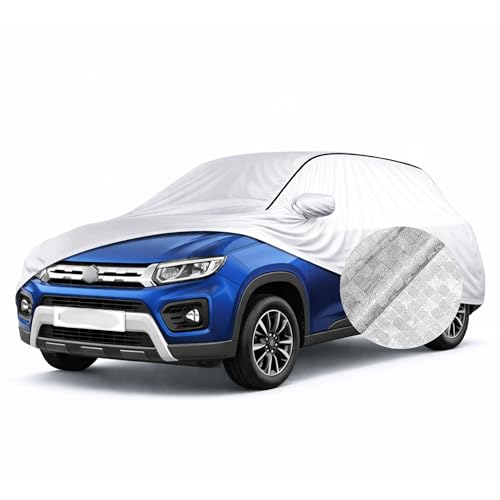 Image of SEAZEN Waterproof Car Cover for Maruti Suzuki Brezza | Dustproof, UV & Scratch Resistant Soft Cotton Lining | Triple Stitched, Mirror Pockets & Elastic Hem | Metallic Silver with Black Piping