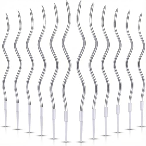 12-Count Spiral Birthday Candles Long Twisty Party Silver Candles with Candle Holders Long Burning for Weddings Birthdays Party Decorations Cupcakes Anniversary and Meetups (Silver)