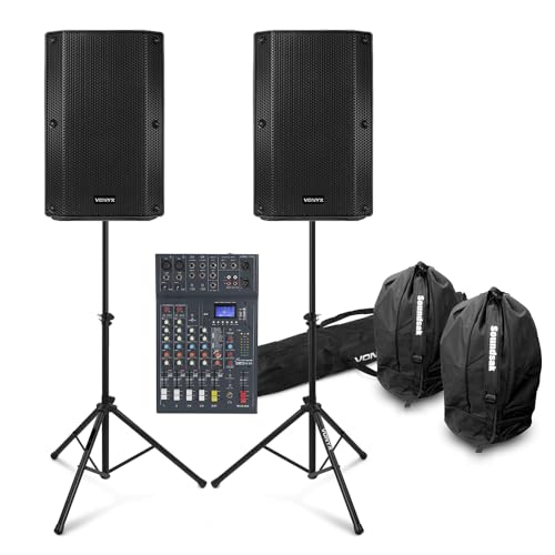 VONYX VSA10BT Small PA System with Club XS6 Passive Mixer, Active Speakers & Stands - Ideal for Small Band, Vocalist Performances and Church PA System Setup
