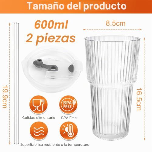 Miniatura 2 de Nviyam Juego De 2 Vaso Cristal Con Tapa Y Pajita, 600ml Vaso Matcha, Diseño De Rayas Verticales, Taza De Agua Sello, Vasos Cafe Cristal Pare Batidos, Jugo