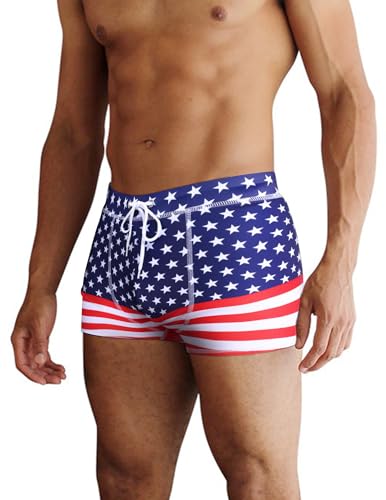 COOFANDY Men Square Leg Swim Trunks Printed Swim Shorts Independence Day Swimsuit American Flag M