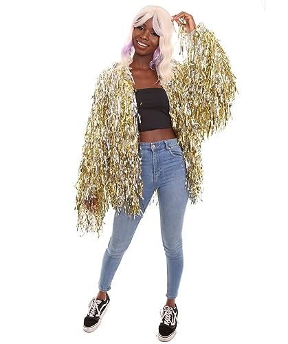 HPO Unisex Tinsel Jacket - Gold & Silver Long Strand Tinsel Jacket with Loose Fit - Extra Dense Tinsel for Extra Shine - Large