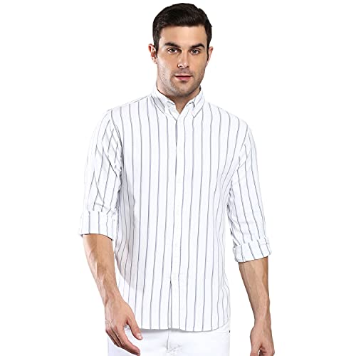 Image of Dennis Lingo Men's Striped Slim Fit Oxford Cotton Casual Shirt with Button Down Collar & Full Sleeves