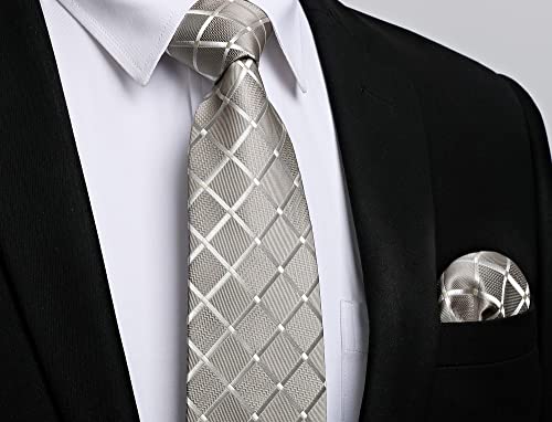 Image of Enlision Ties for Men Plaid Stripe Tie Handkerchief Woven Classic Formal Necktie Pocket Square Clip Set