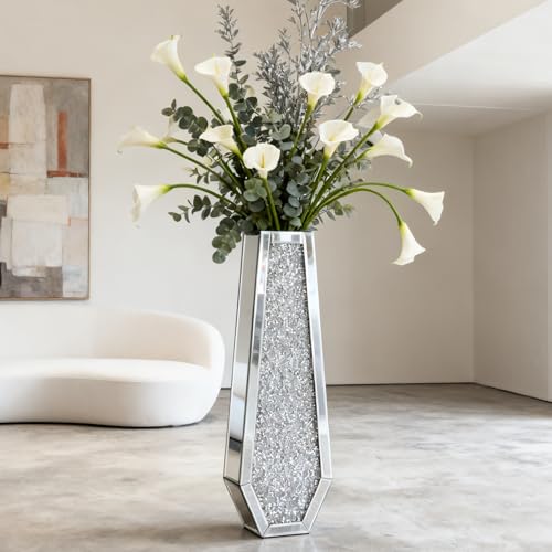 SHYFOY Bodenvase Groß 61,5cm Hoch, Große Vase aus verspiegeltem Glas, Große Vasen für Boden mit Kristall Diamant Dekoration, XXL Deko Bodenvasen...