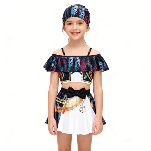 Phelgox Little Girls Two-Piece Swimsuit with Swim Cap Demon Movie Hunter Merch Costume Swimwear for Bathing Suits Black
