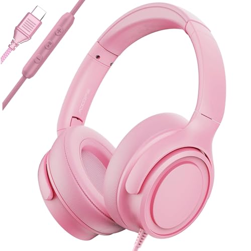 ADOOPE Wired Over-Ear Headphones with USB C Connector, Hi-Fi Stereo Sound, Noise-Isolating Ear Cups, Comfortable Fit for USB C Devices (No Bag, Pink)