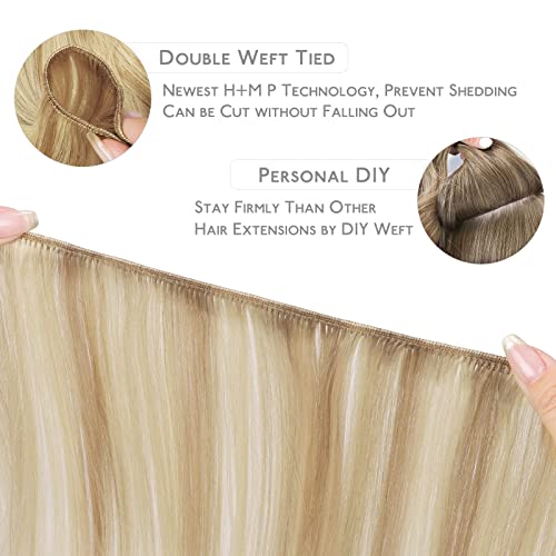 WENNALIFE Real Human Hair Extensions - 16 Inch, 80g Light Blonde Highlighted Golden Blonde Hand Tied Weft Sew In - Image 4