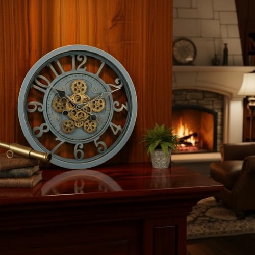 Image of STAR WORK Vintage Gear Wall Clock Industrial Rustic Farmhouse Classic Style Mechanical Charm Perfect for Living Room Bedroom Office or Entryway Decor (Grey -16 INCH)