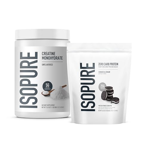 Image of Isopure Bundle of Zero Carb 100% Pure Whey Isolate Protein Powder, Cookies & Cream, 25g Protein Per Serving, 1 Lb, 15 Servings + Isopure 100% Pure Creatine Monohydrate Powder, 100 Servings