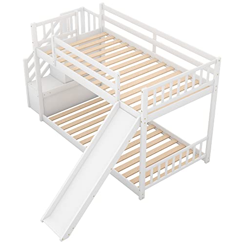 Image of Bellemave Bunk beds Twin Over Twin Size Slide and Stair Storage, Floor bunk Bed,White