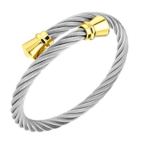 555Jewelry Classic Stainless Steel Mens Womens Ladies Cuff Bangle Twisted Wire Cable Vintage Retro Antique Adjustable Wristband Fashion Jewelry Accessory Bracelet, Silver & Gold