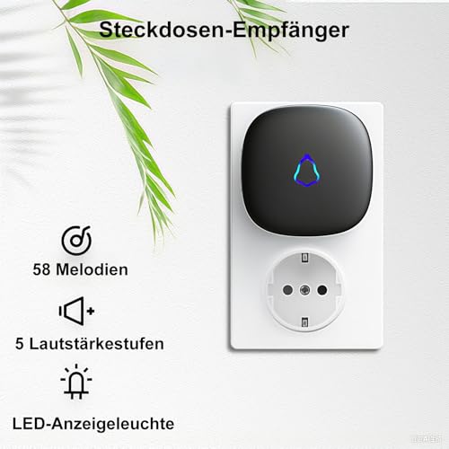 SECRUI Funkklingel Türklingel Set für Haustür, 1 Empfänger + 1 Sender Wasserdicht Haustürklingel, Funk Tür Klingel, Kabellos Doorbell mit 58 Melodien, 120dB 5 Lautstufen, LED, 300m Reichweite,Schwarz – Bild 3
