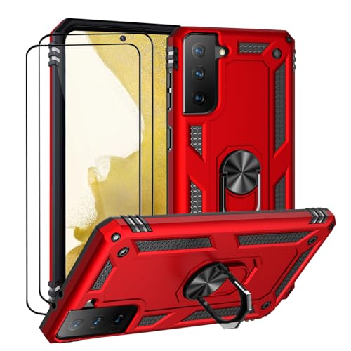 Coque Samsung S22 blindée rouge dotée d'un anneau rotatif et double écran en verre