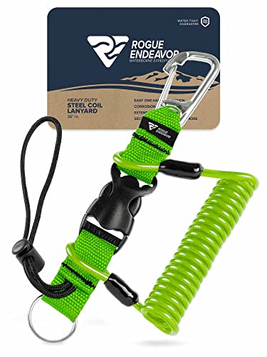 Rogue Endeavor Heavy Duty Dive Snappy Coil, Stainless Clip, Split Ring & Slide Lock Lanyard, Quick Release Buckle, 36" Steel Core Lanyard, Ideal For Cameras/Lights/Tools/Paddles (Signal Yellow) #TOP1