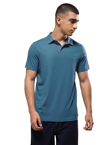 Image of TECHNOSPORT Men's Solid Slim Fit Polo Collar T-Shirt COTFLEX Half Sleeve Button Polyester for Gym Running Workout UPF50+ Anti Odour
