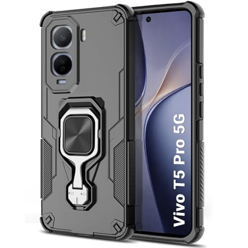 Image of TheGiftKart Tough Armor Bumper Back Case Cover for Vivo T5 Pro 5G | Ring Holder & Kickstand in-Built | 360 Degree Protection Back Case Cover for Vivo T5 Pro 5G (PC & TPU, Black)