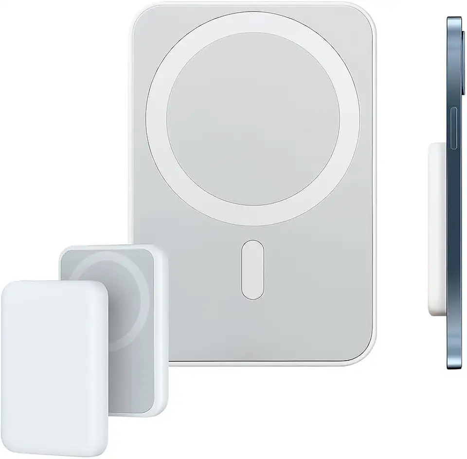 Carregador Portátil Magnético por Indução para Smartphones 16 15 14 13 12 Pro Max - Power Bank Sem Fio, Bateria Externa Rápida e Compacta - Branco