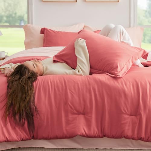 Image of Bedsure Full Size Comforter Set - 7 Pieces Coral Full Bedding Set for All Seasons, Boho Contrasting Design Bed in a Bag with Comforter, Sheets, Pillowcases & Shams