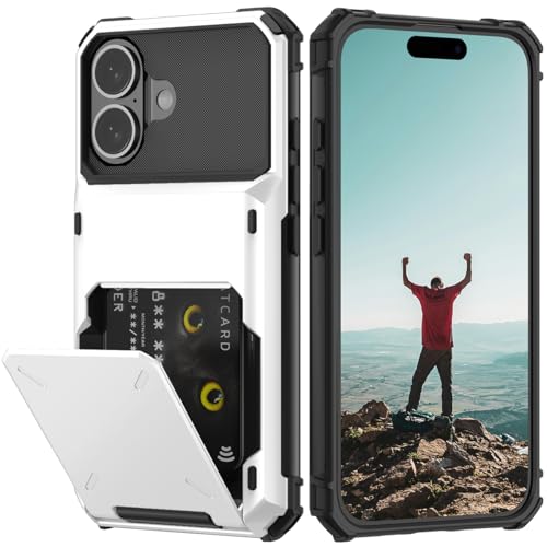 Nvollnoe Compatible with iPhone 16 Case with Card Holder[Store 5 Cards] Dual Layer Heavy Duty Shockproof Wallet Case with Hidden Card Slot Large Storage Cover for Men&Women 6.1''(White)