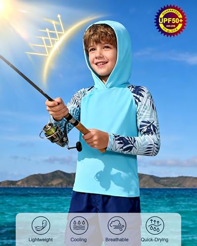 Image of Boys Rash Guard Swim Hoodie, Kids Long Sleeve Sun Fishing Shirts