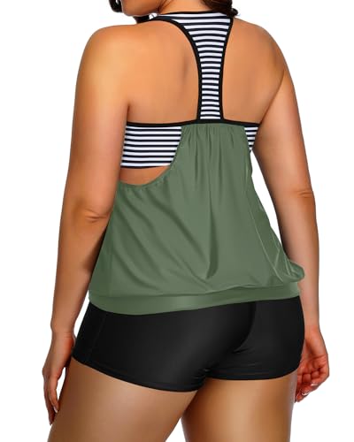 Image of Womens Plus Size Tankini Swimsuit Two Piece Tummy Control Bathing Suit | Blouson Racerback Tankini Top with Shorts, Double Up Design, Removable Pad