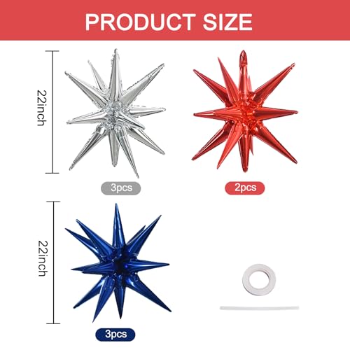 Image of TONIFUL 8 Pcs Navy Blue Silver Red Explosion Star Foil Balloon Party Decor | 22 Inch Large Mylar Star Balloon for Men's Birthday Nautical Sailor Theme Birthday Patriotic National Holiday Party Decor