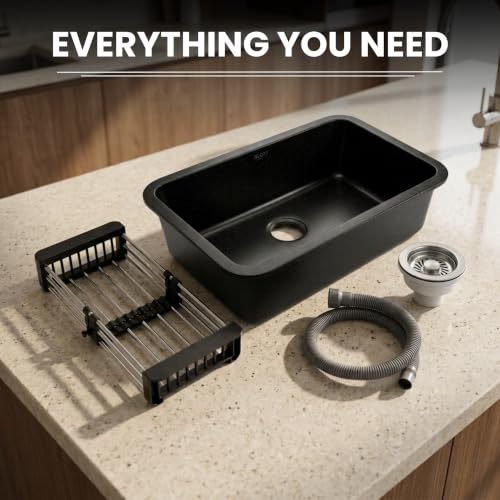 Image of GLOXY Premium Quartz Granite Single Bowl Kitchen Sink 31x19x9 Inches - Black Matte Finish Quartz Sink For Kitchen - Kitchen Sink With Coupling Hose Pipe and Drainer Basket & Undermount & Topmount