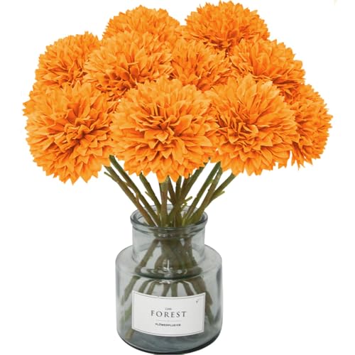 Tinsow 12 Pcs Artificial Chrysanthemum Flowers Orange Faux Ball Flowers