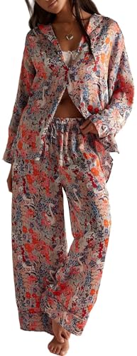 Image of LILTWIST Silk Satin Pajamas Set for Women 2 Piece Floral Pjs Wide Leg Lounge Pants Set Long Sleeve Button down Pj Shirts Set