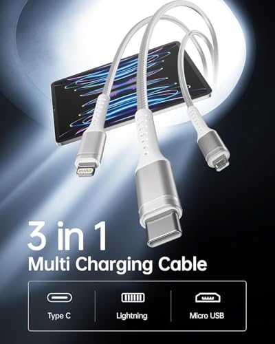 Cabo de carregamento múltiplo de 1 m, cabo carregador 3 em 1, cabo de carregamento universal trançado compatível com extremidades tipo C/micro USB, prata