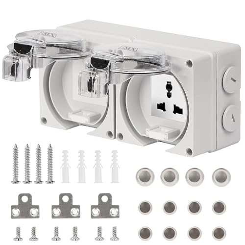 Image of MX IP66 Waterproof Outdoor Socket Box | 250V 13A 2 Universal Socket | Dustproof Weatherproof 4 Module Modular Wall Box with Spring Opening Cover | ABS Flame Retardant Shell for Garden, Patio & Outdoor