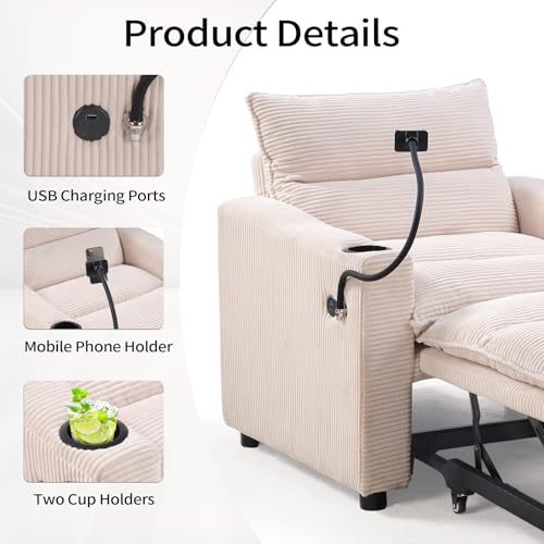 Image of HAOMARKETS Corduroy Sleeper Sofa Bed with Cup Holders, 3-in-1 Convertible Pullout Futon Couch with Phone Holder&USB Charge Port, Single Armchair with 3-Level Adjustable Backrest for Apartment