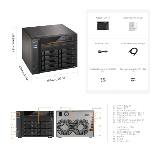 Image of Asustor Lockerstor 8 Gen3 AS6808T 8 Bay NAS Network Storage, AMD Ryzen Quad-Core 2.3 GHz, 16GB RAM ECC DDR5, 4 M.2 NVMe Slots, Dual 5GbE & Dual 10GbE Port, USB4 Type-C, Network Attached Storage