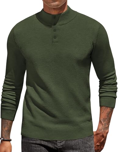 COOFANDY Suéter de manga larga con cuello alto para hombre, suéter de punto Henley con cuello alto y botones, Ejercito Verde, M