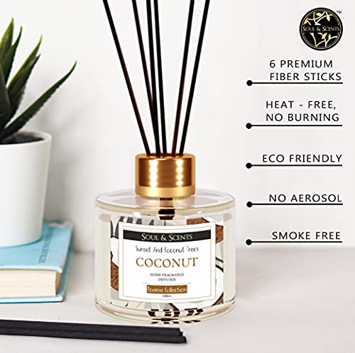 Image of Soul & Scents 120ml Coconut Reed Diffuser Set | Free 6 Fiber Reed Sticks | Stress Relief & Aromatherapy | Long-Lasting, Smoke-Free Air Freshener for Home, Bedroom & Office | Ideal for Gifting
