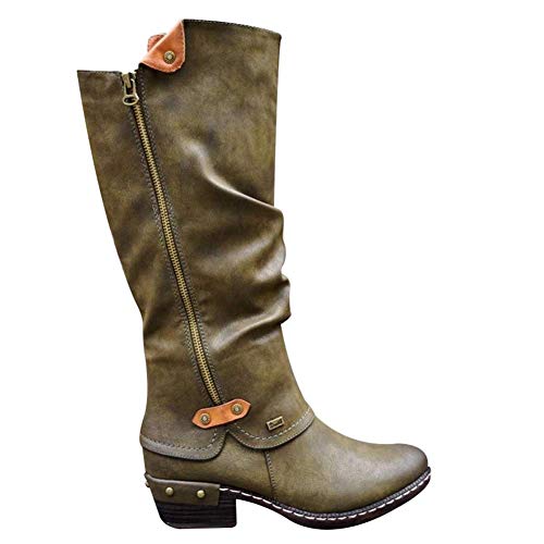 Lanbowo hasta la Rodilla Botas de Mujer Cowboy del Oeste Rodilla Botas Punk Botas bajo Grueso Tacón Lateral Zippper Botines - Verde, 40