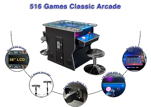 West State Gamerooms Cocktail Arcade Machine – 516 Games in 1 Arcade Game Cabinet – Pre-Assembled 2 Player Retro Video Game Table 26-Inch Screen and 2 Chrome Bar Stools – Commercial Grade